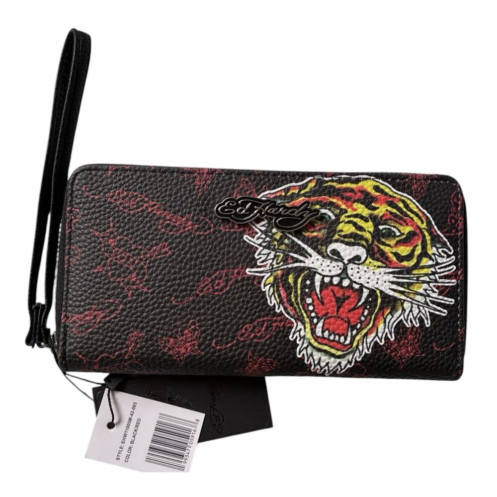 Ed Hardy Tiger Wallet Wristlet Zip Around Black Faux Leather 12 Card NWT
